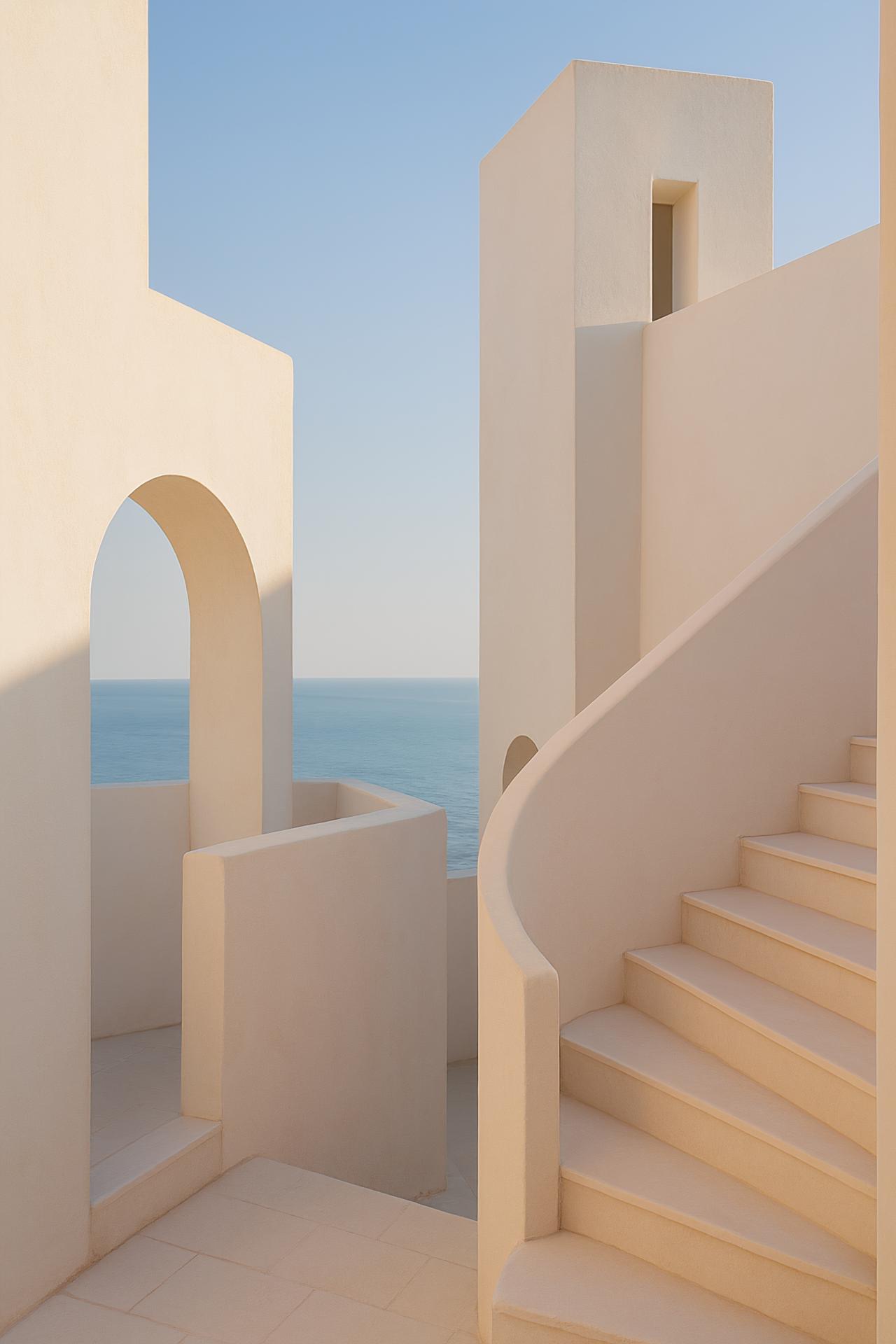 Stairs, design, column, shadow, handrail, house in urban setting