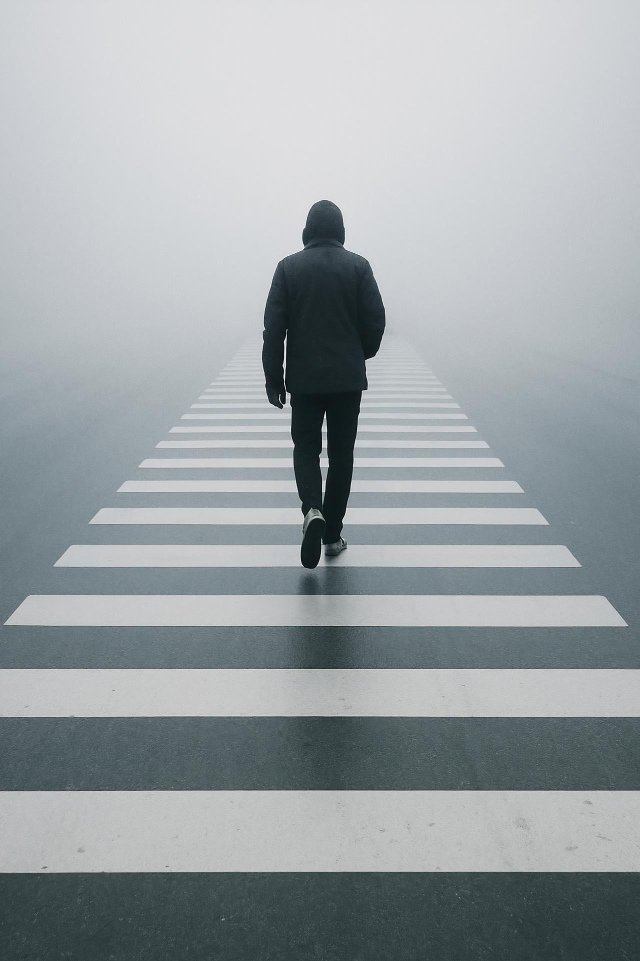 Silhouettes of pedestrians at foggy urban zebra crossing