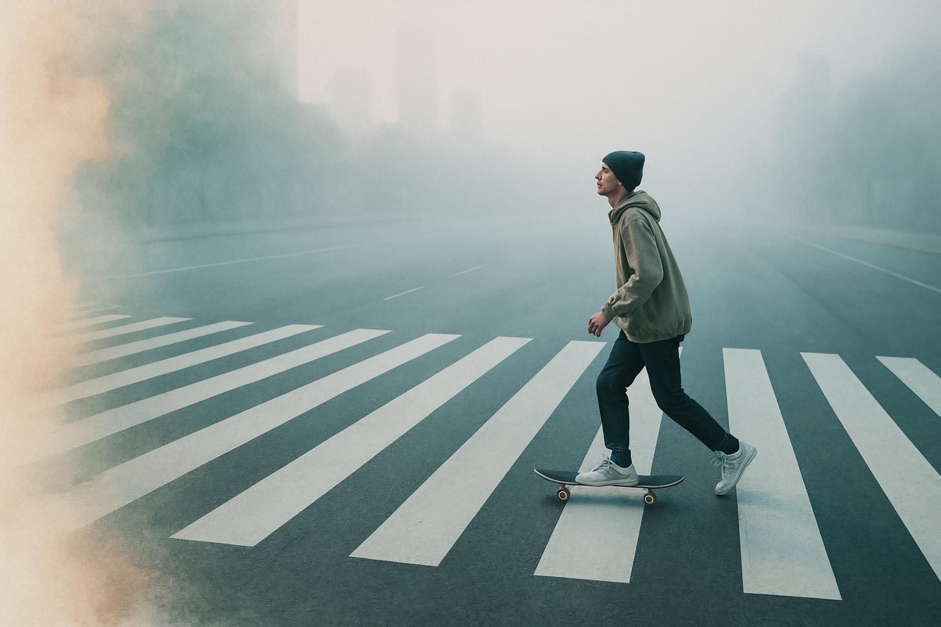 Skateboarder freeriding on longboard doing kickflip at pedestrian zebra crossing