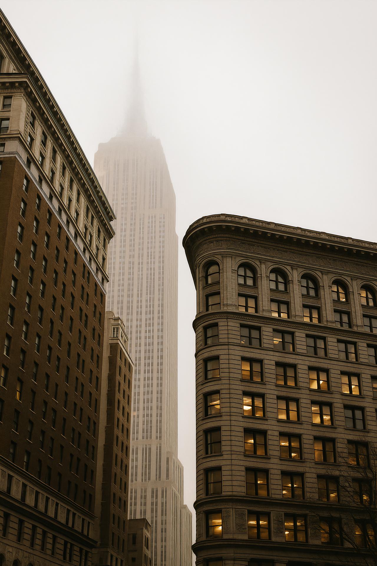 Skyscrapers and tower block in urban morning cityscape