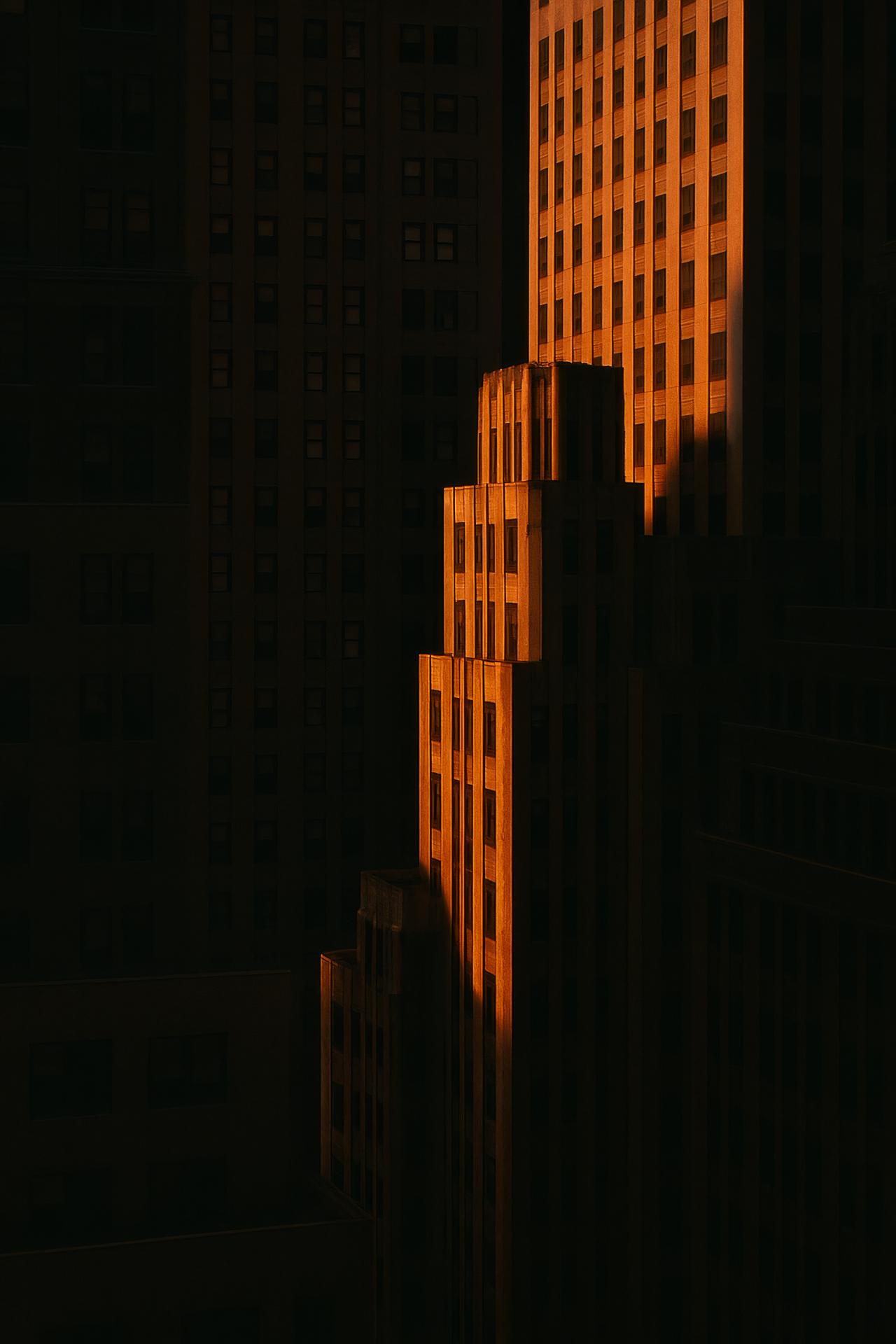 Nighttime cityscape with high-rise buildings and illuminated towers