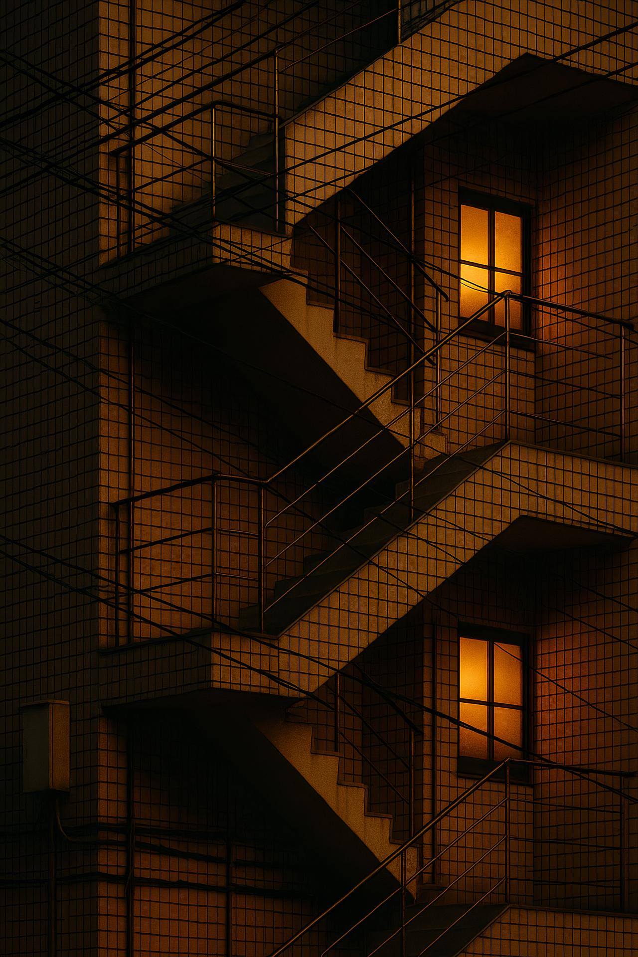 Urban staircase with metal handrail at night