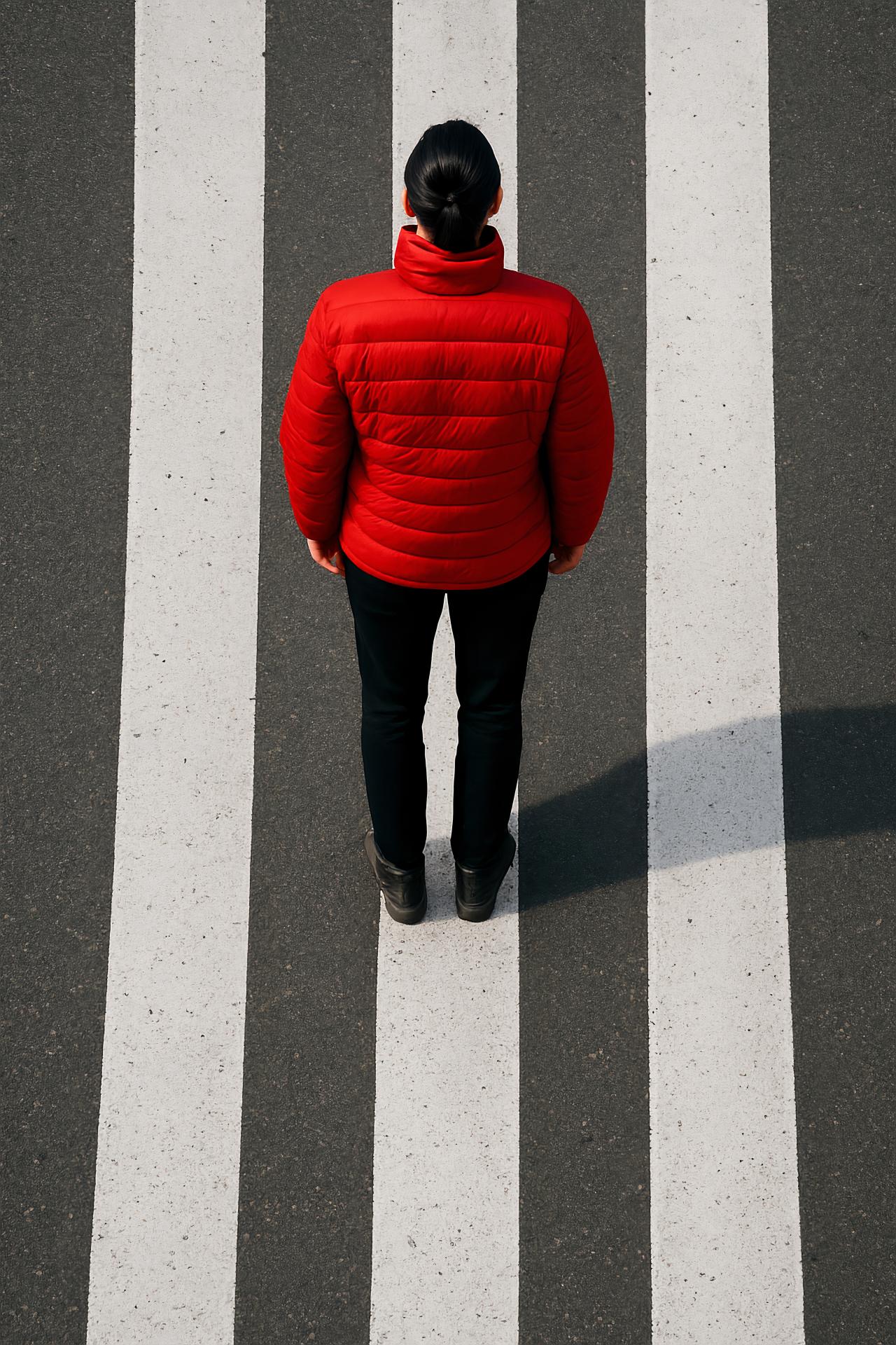 Person standing at red zebra pedestrian crossing