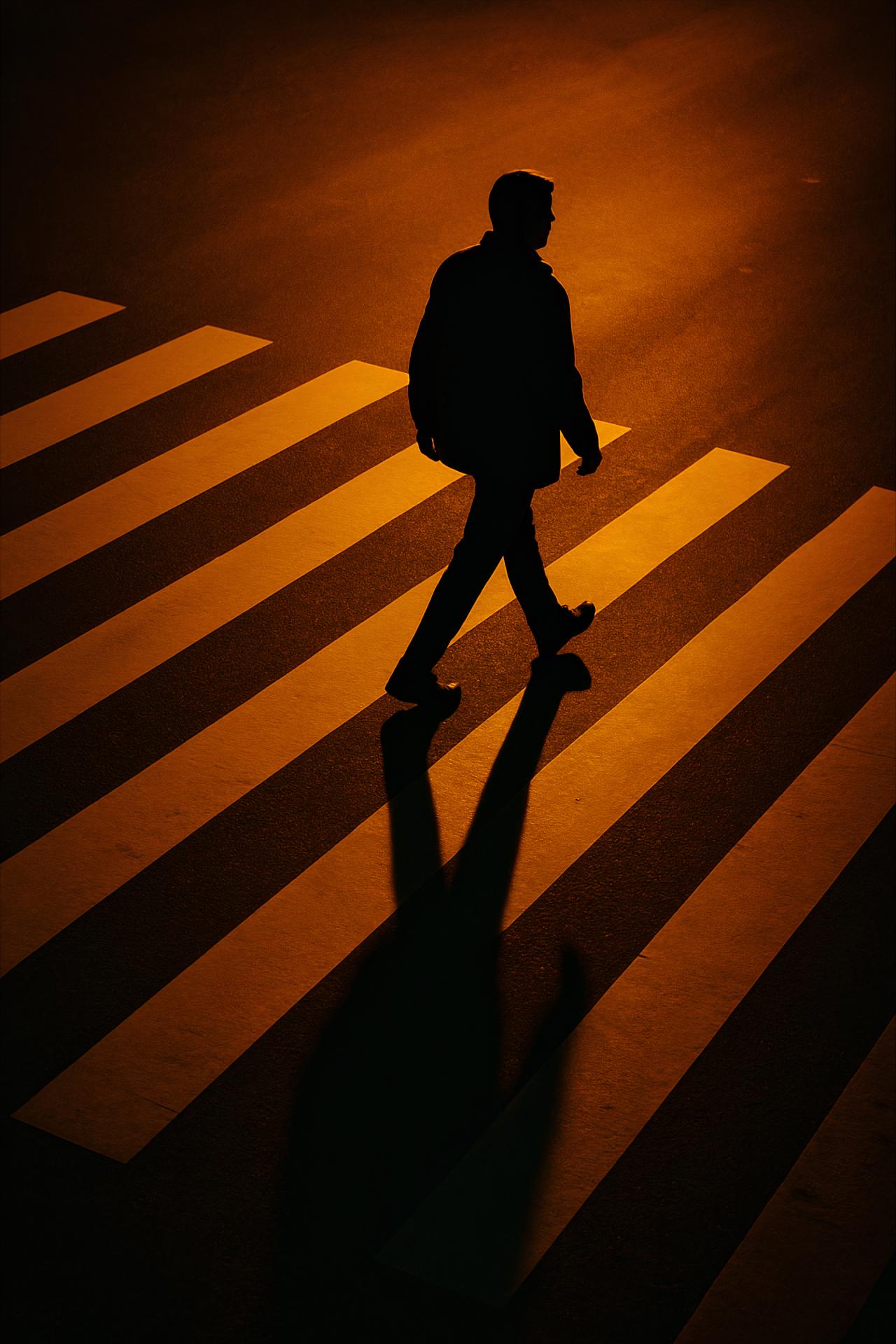 Silhouette of people crossing yellow pedestrian zebra crossing in urban setting