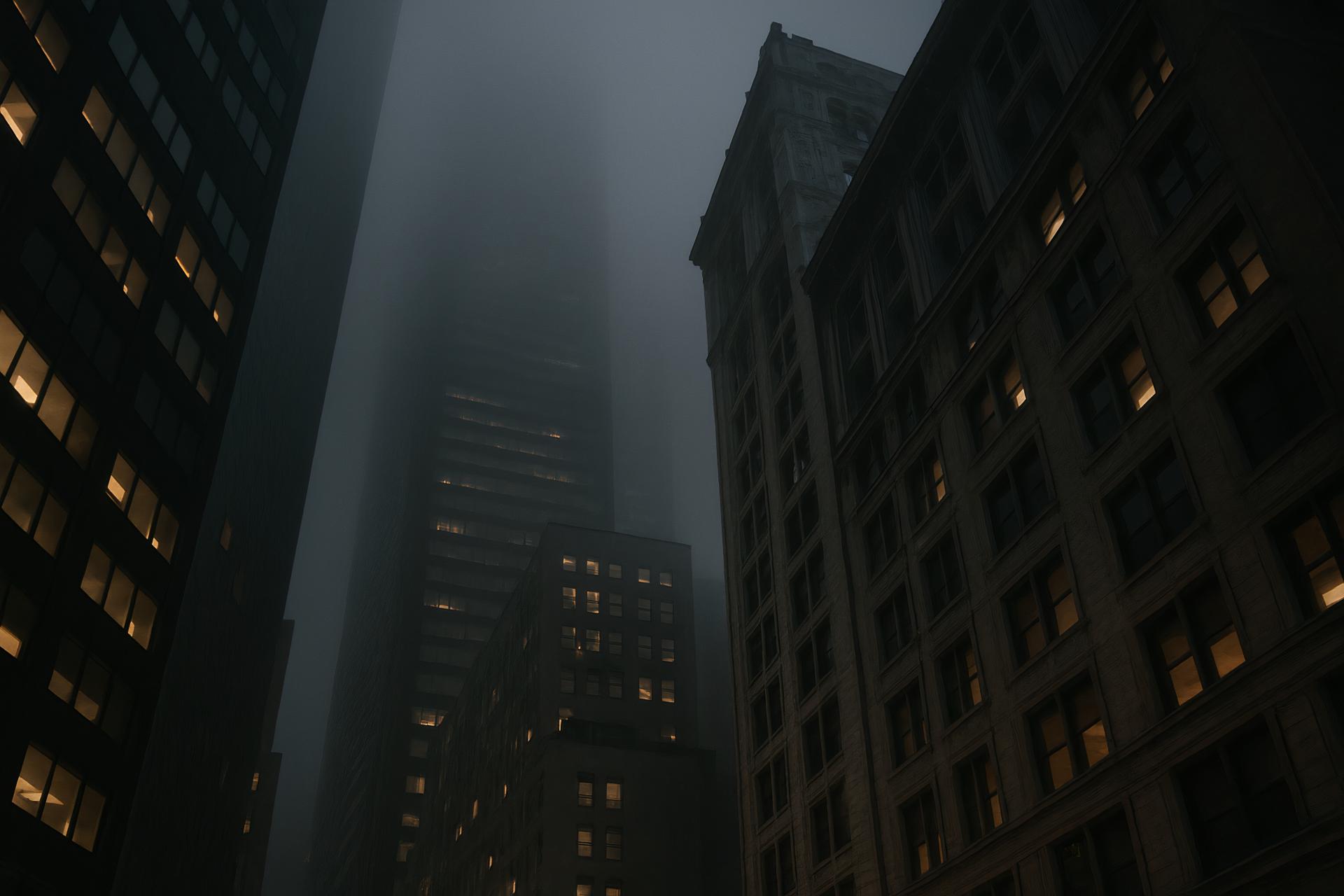 City skyline with tower blocks in mist