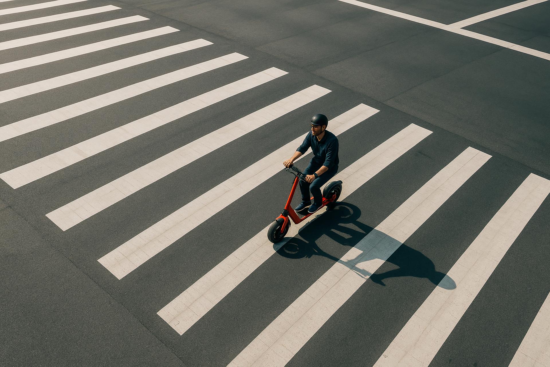 Zebra crossing, road with bicycles, pedestrians, bicycle wheel, asphalt street