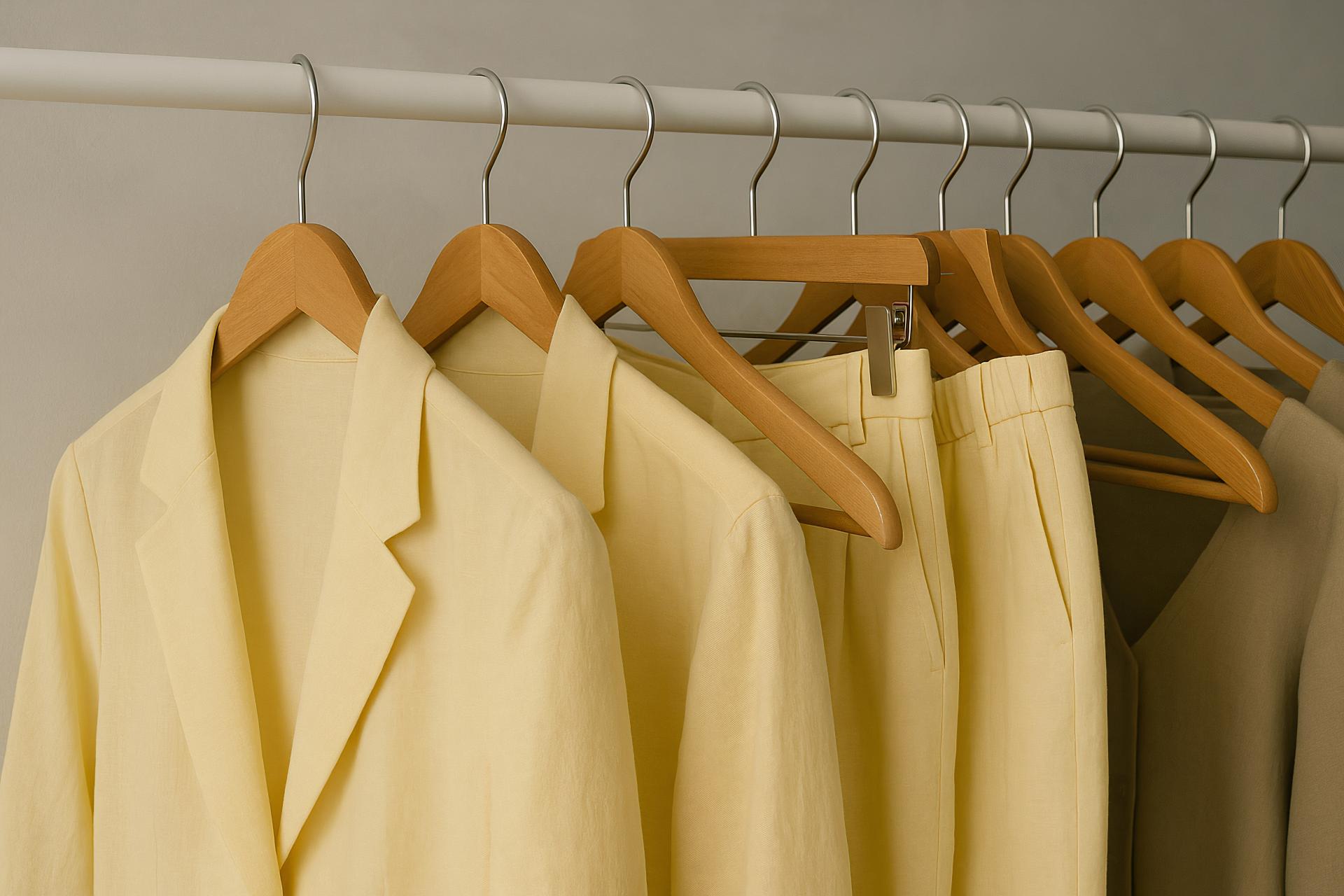 Yellow clothes hanger on wood background, dry cleaning concept