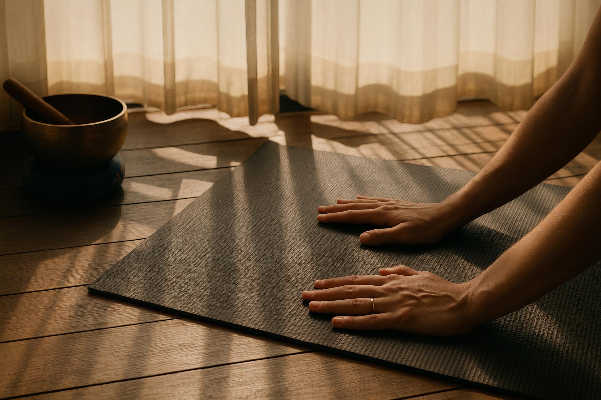 Barefoot person on yoga mat balancing on wood flooring