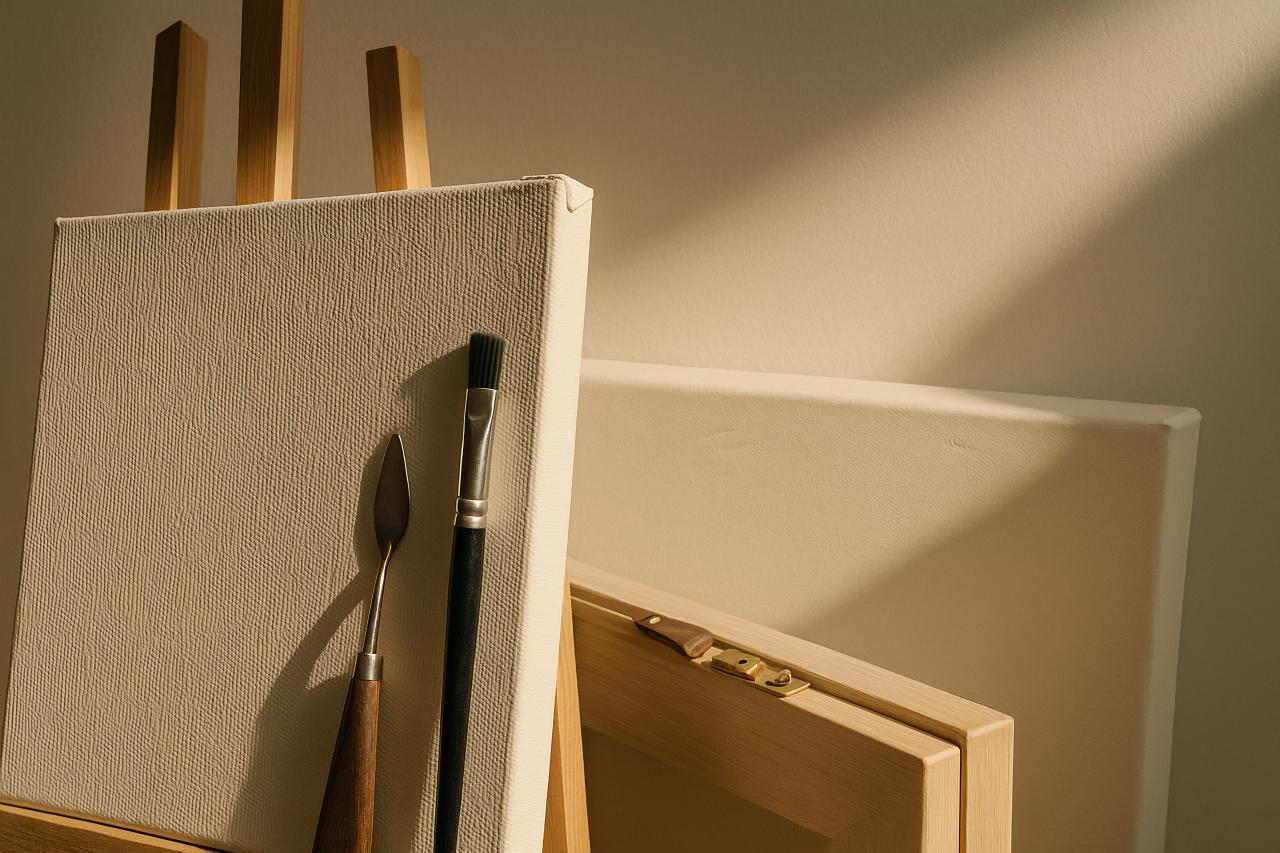 Wooden office supplies on plywood with paper products and writing implements