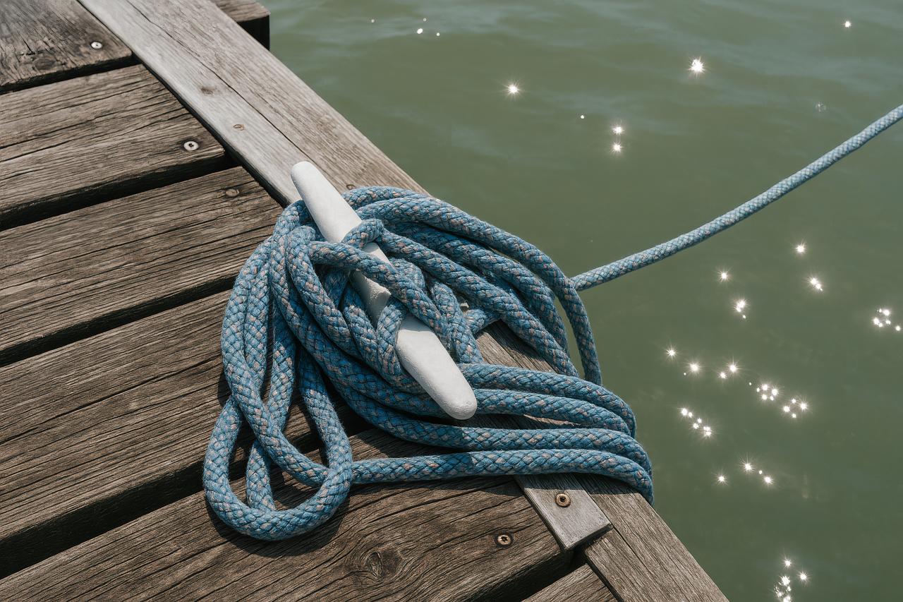 Boat anchored with ropes, rock-climbing gear, knots