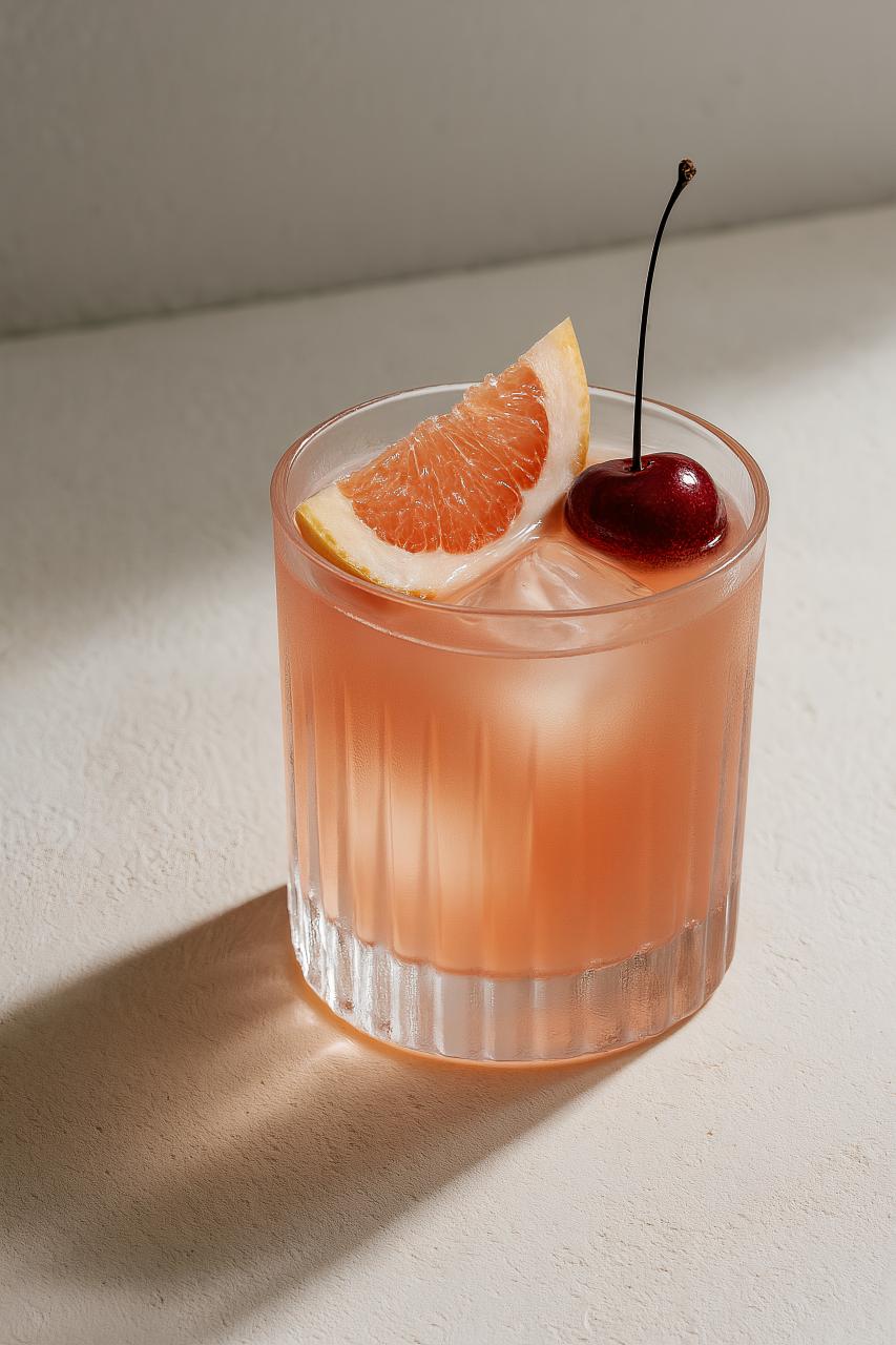 Bay Breeze cocktail in old fashioned glass with fruit garnish