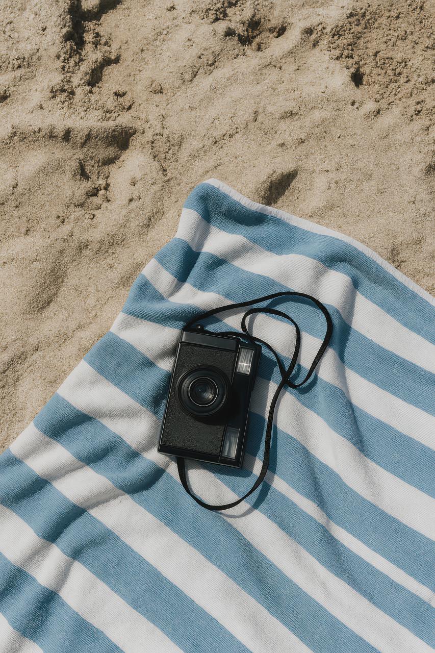 Beach scene with linens on sand