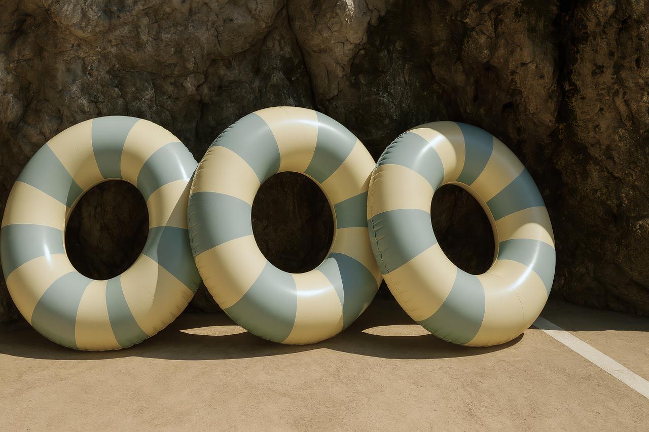Inflatable lifebuoy circle on sandy beach