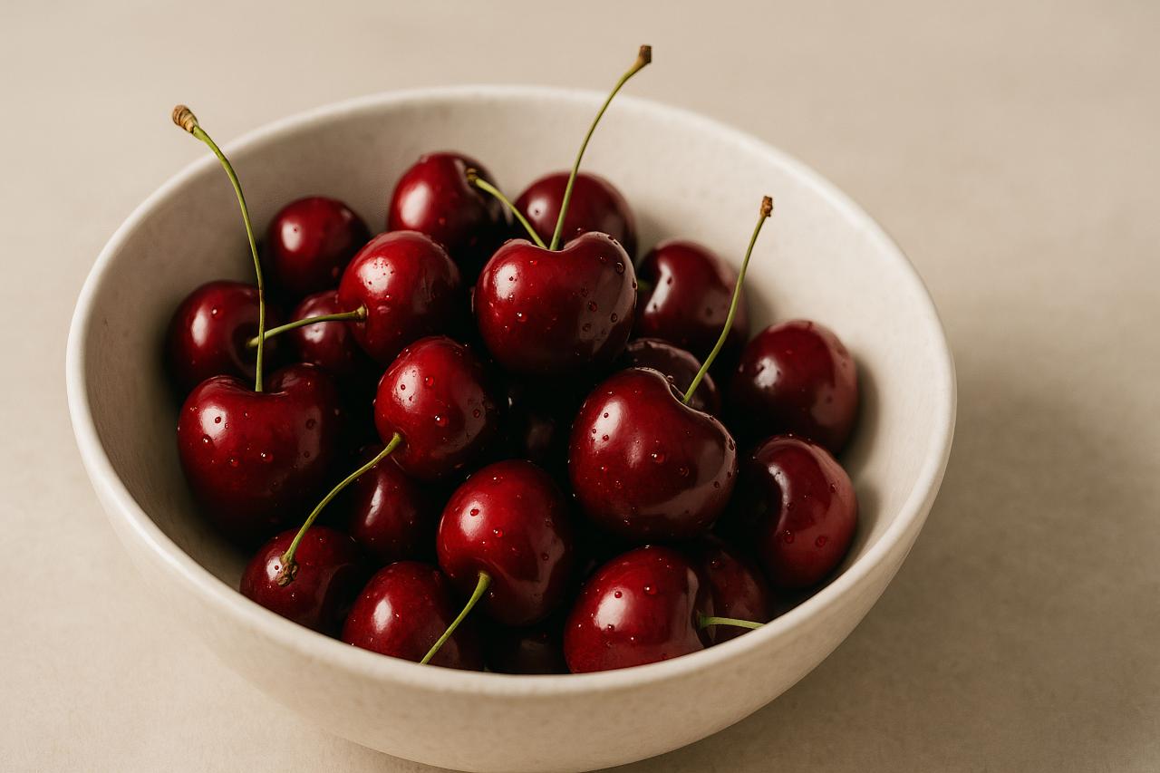 Black cherries on serveware, still life photography
