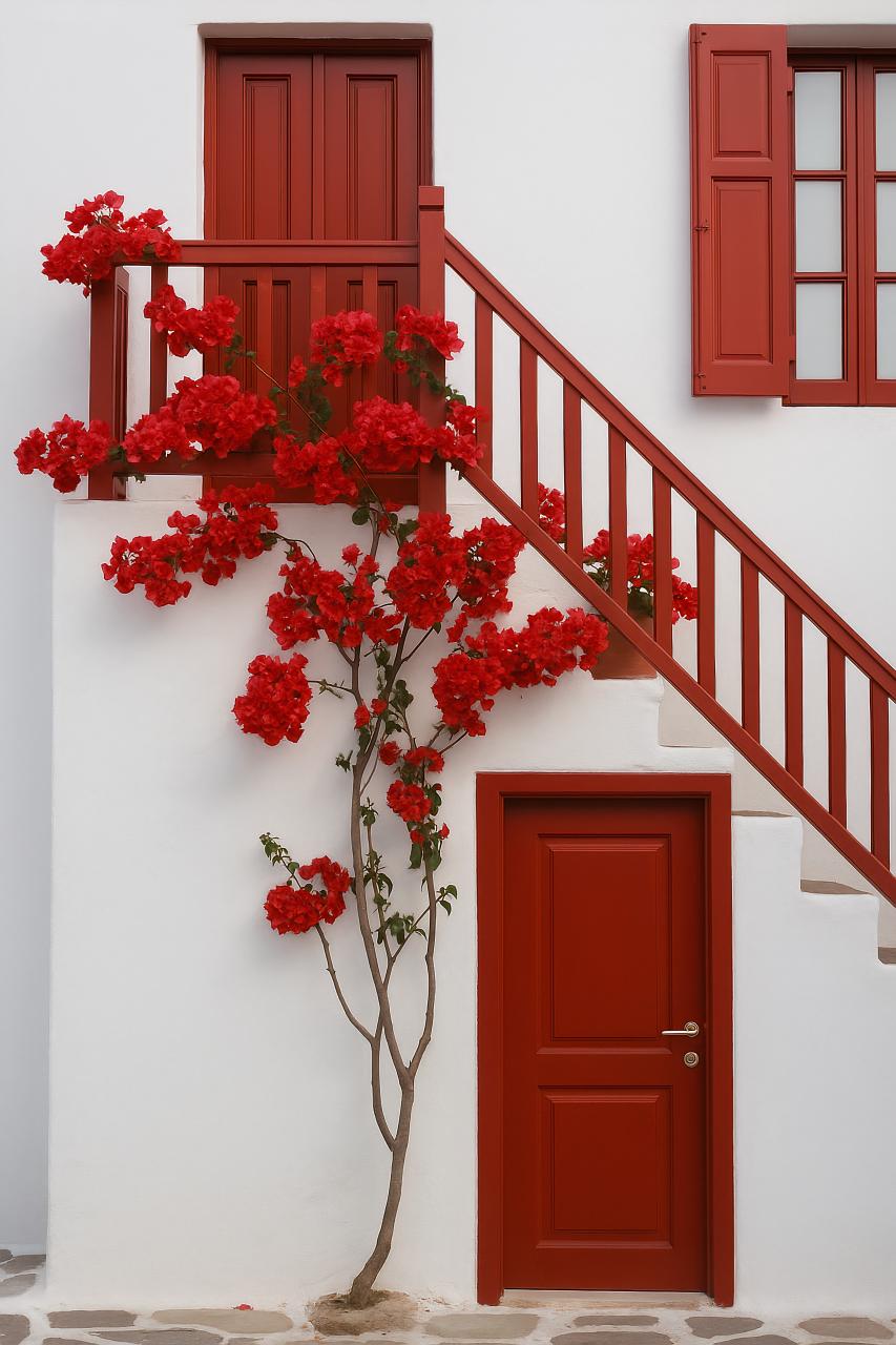 Garden roses, red geraniums, floral stairs, pink flowers