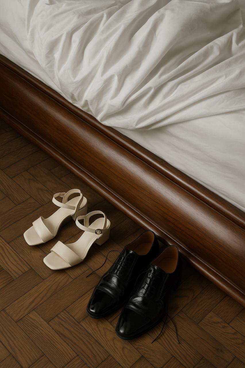 Brown leather dress shoe on hardwood floor
