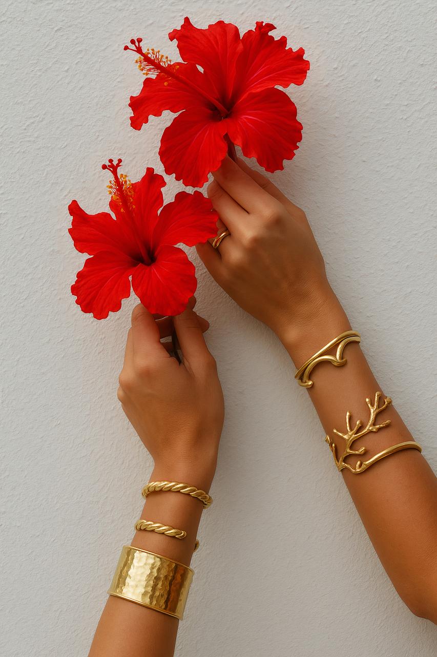 Chinese hibiscus orange bracelet, rings, temporary tattoo, natural material jewelry