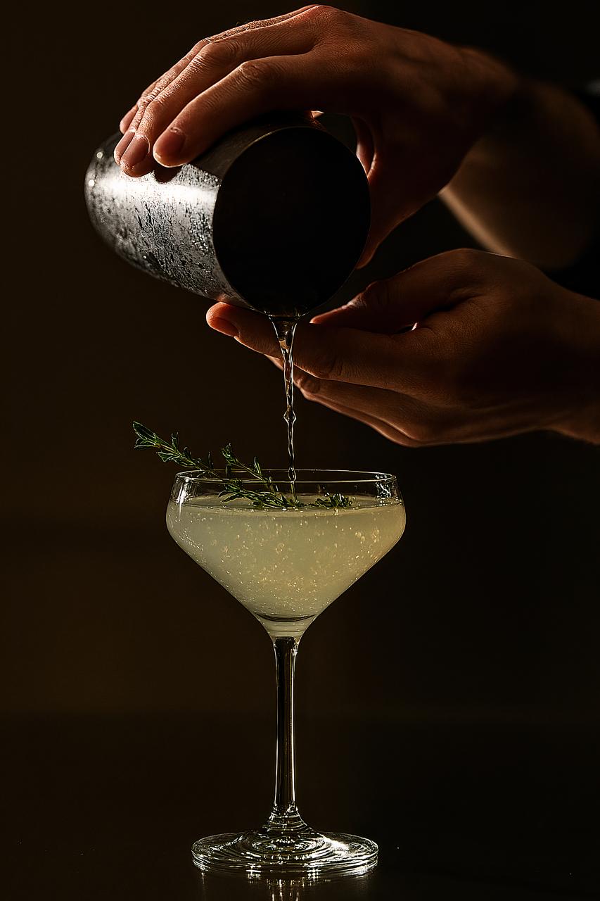 Classic cocktails on table with stemware and barware