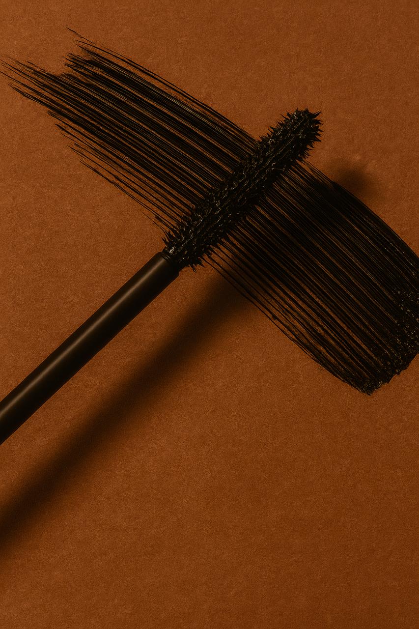 Mascara brush surrounded by net-winged insects, personal care theme