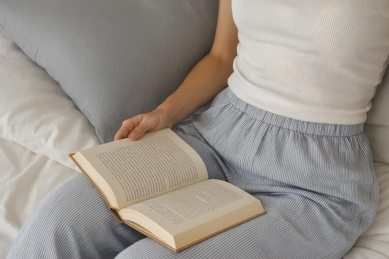 Person sitting on bed surrounded by linens and pillows