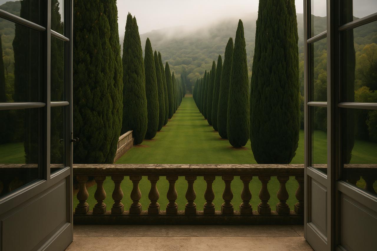 Cypress family conifers in symmetrical garden with mist and shadows