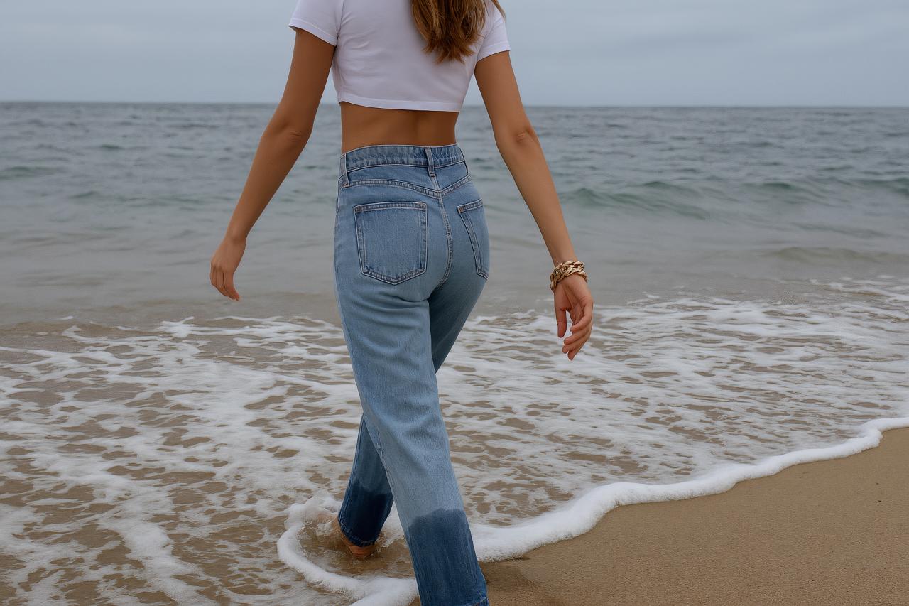 Denim fashion model on beach ridge by the sea