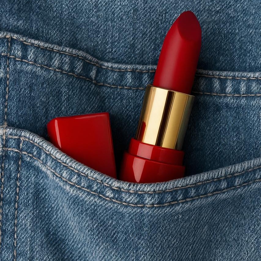 Denim fabric with red lipstick and cosmetics