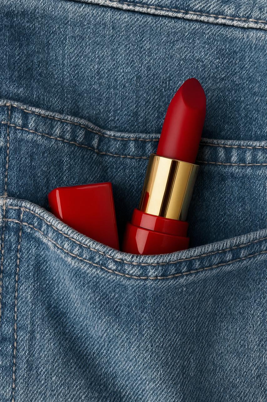 Denim fabric with red lipstick and cosmetics