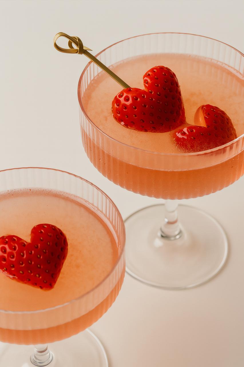 Panna cotta, cocktails, fruit garnish, tableware, champagne glass