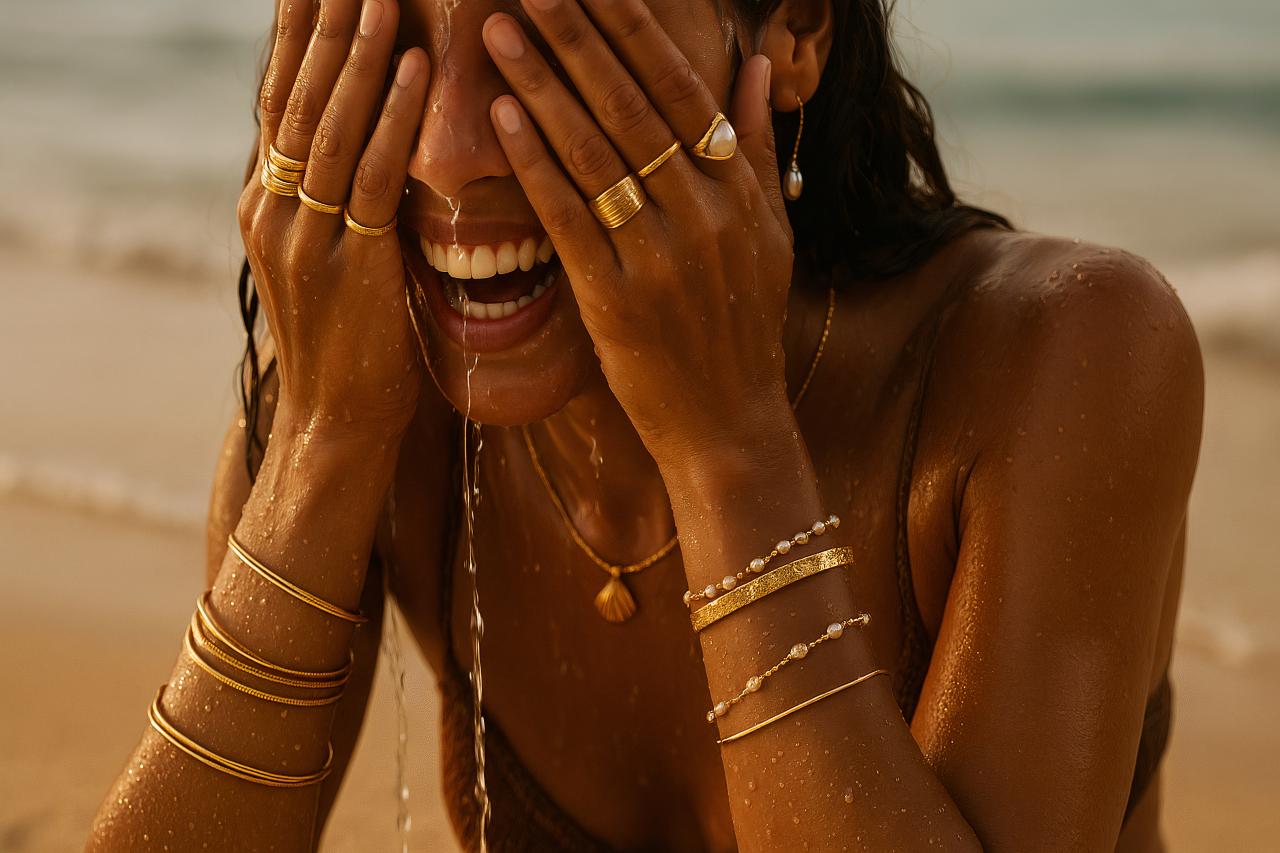 Girl with bracelet, necklace, ring, and body jewelry