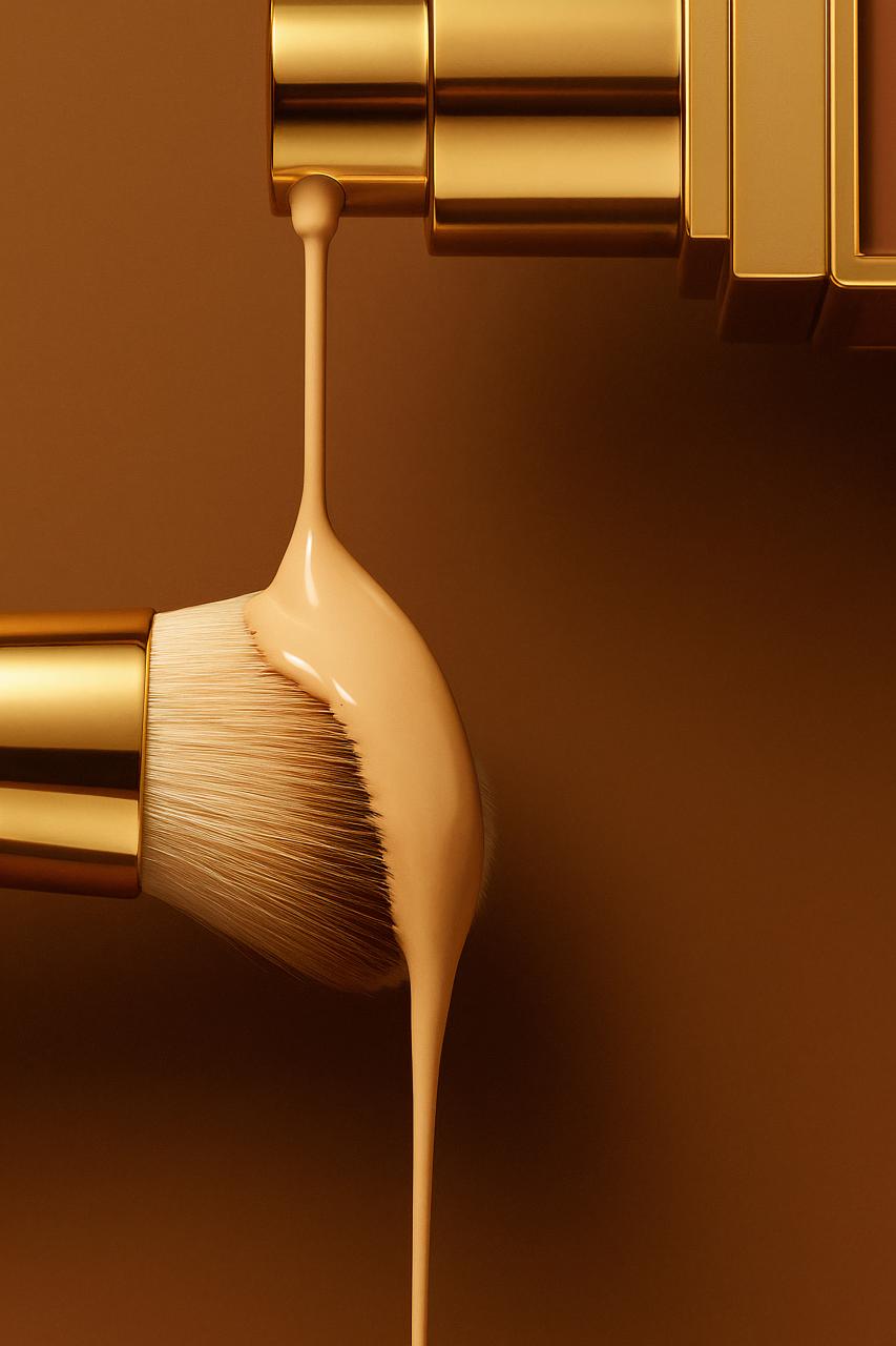 Elegant lamp with lampshade, personal care brush, sconce on plywood background