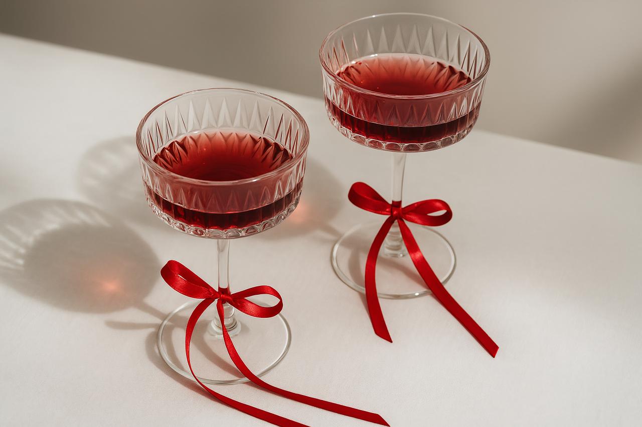 Red champagne stemware and glassware on table