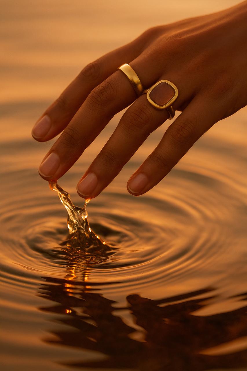 Hand with jewellery, rings, bracelet, and reflection