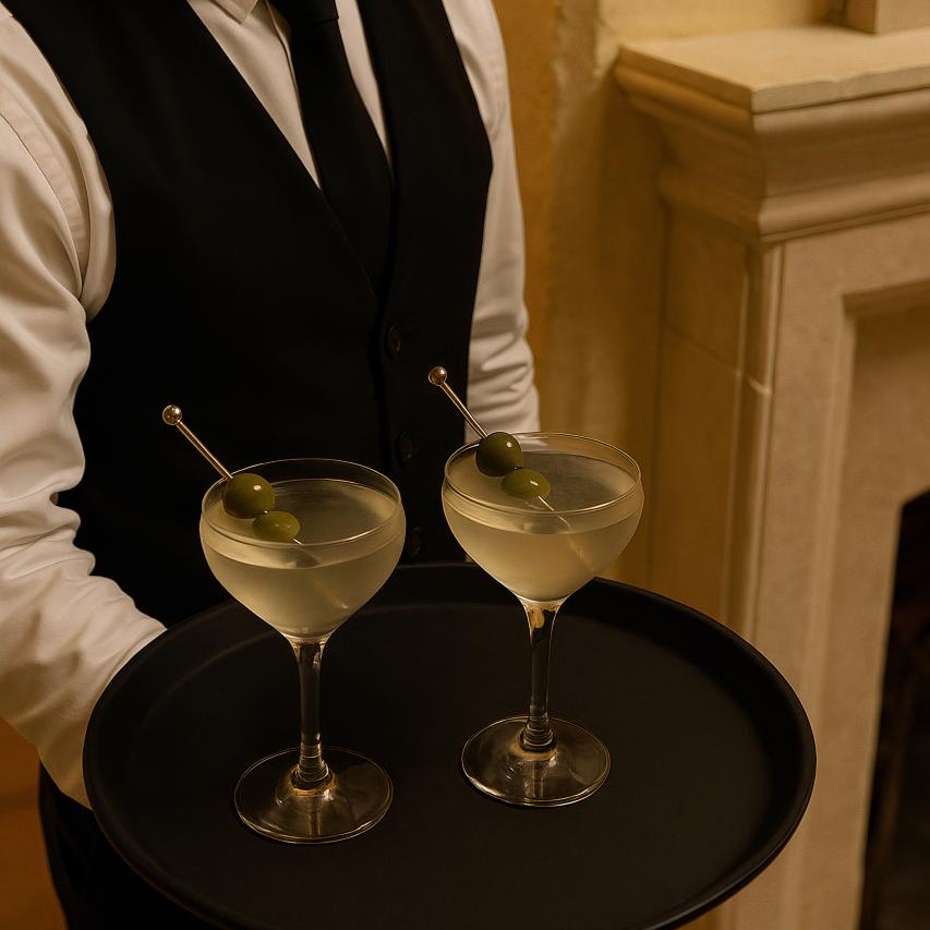 Bartender in bow tie preparing French 75 cocktail with elegant stemware