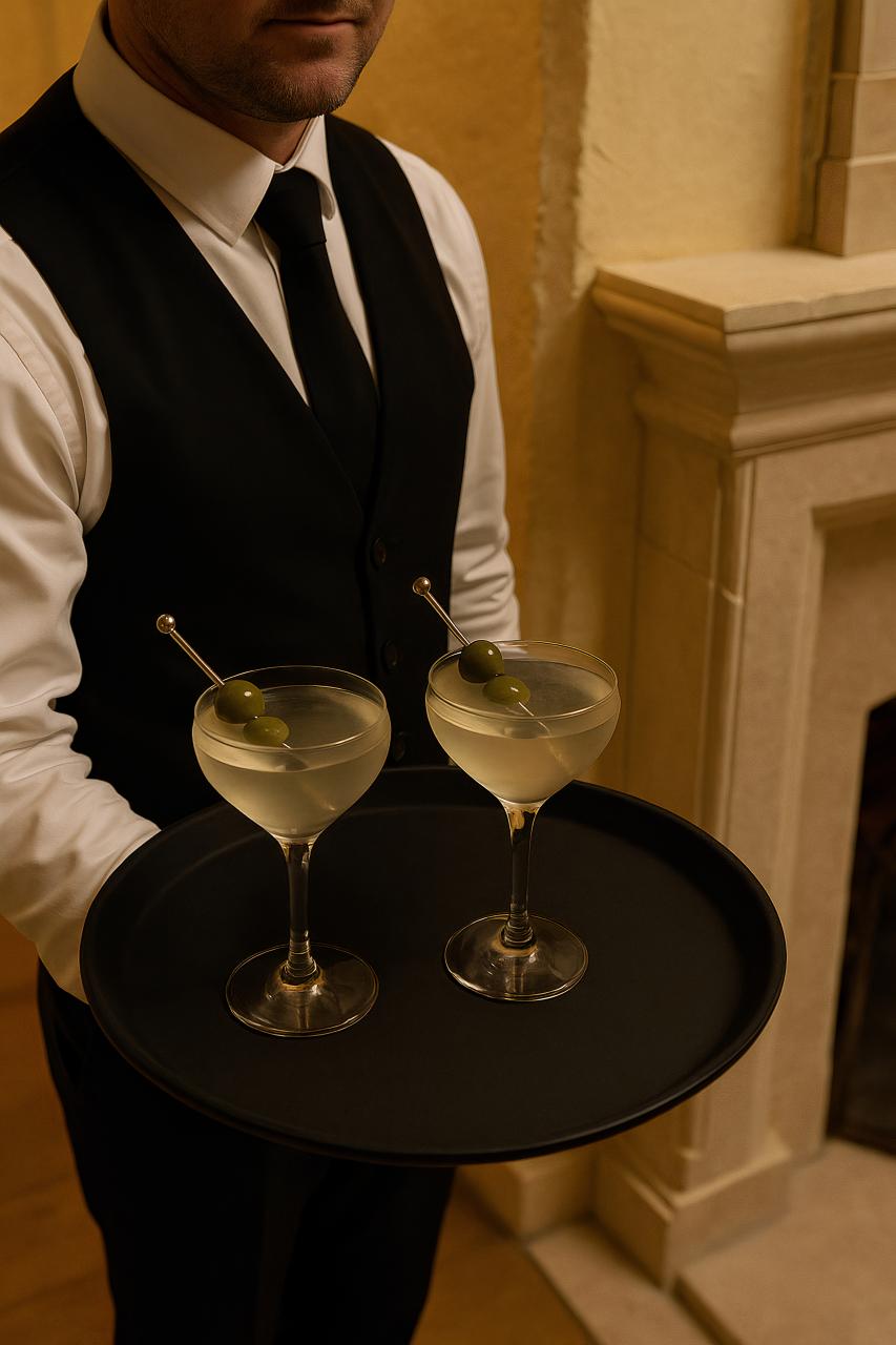 Bartender in bow tie preparing French 75 cocktail with elegant stemware