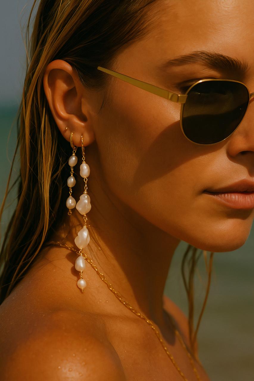 Fashion model with jewelry, stylish earrings, gemstone necklace