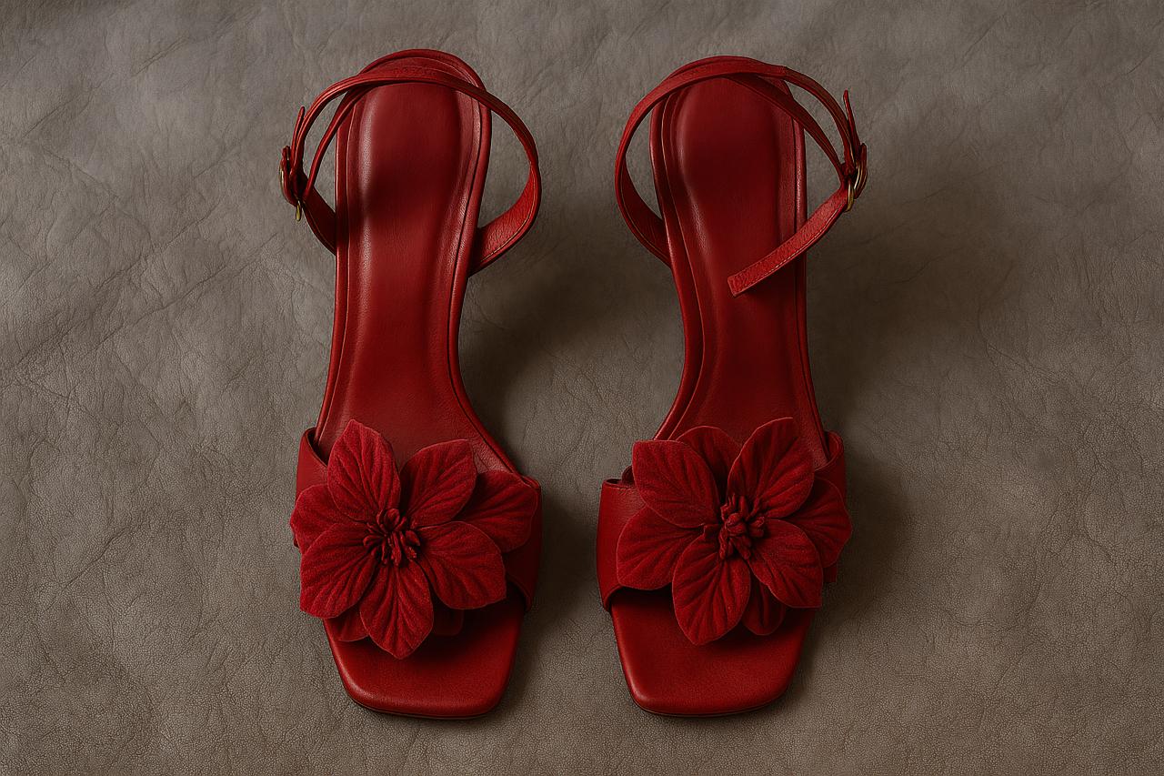 Red and pink sandals, flip-flops, high heels, straps, buckles on white background