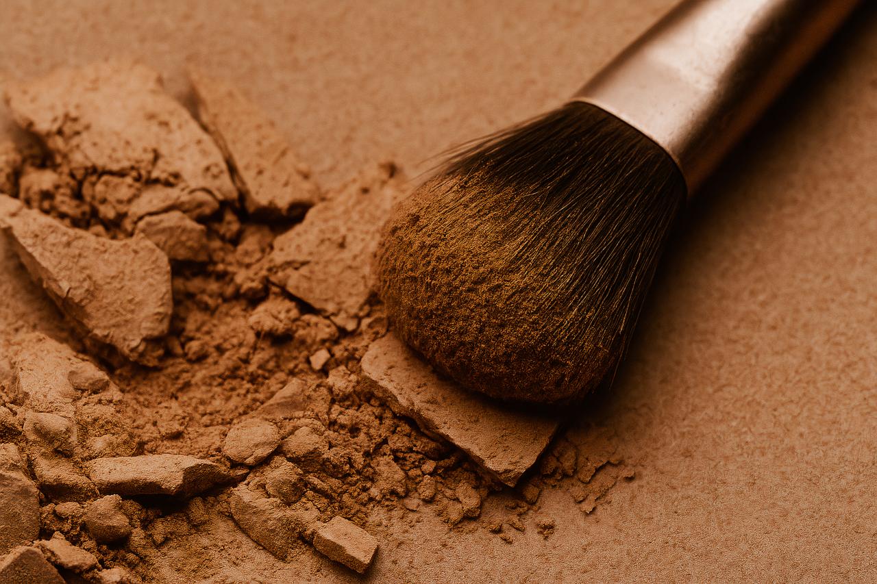 Makeup brush applying powder in garden