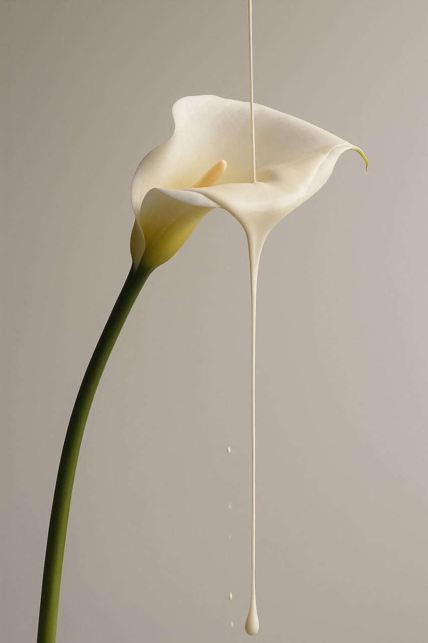 Giant white arum lilies in shadow with liquid, laceleaf flower and milk