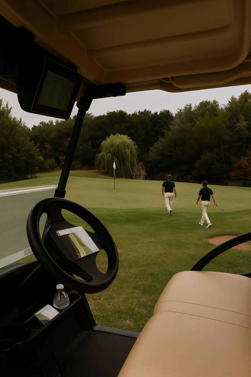 Golf cart driving on a golf course