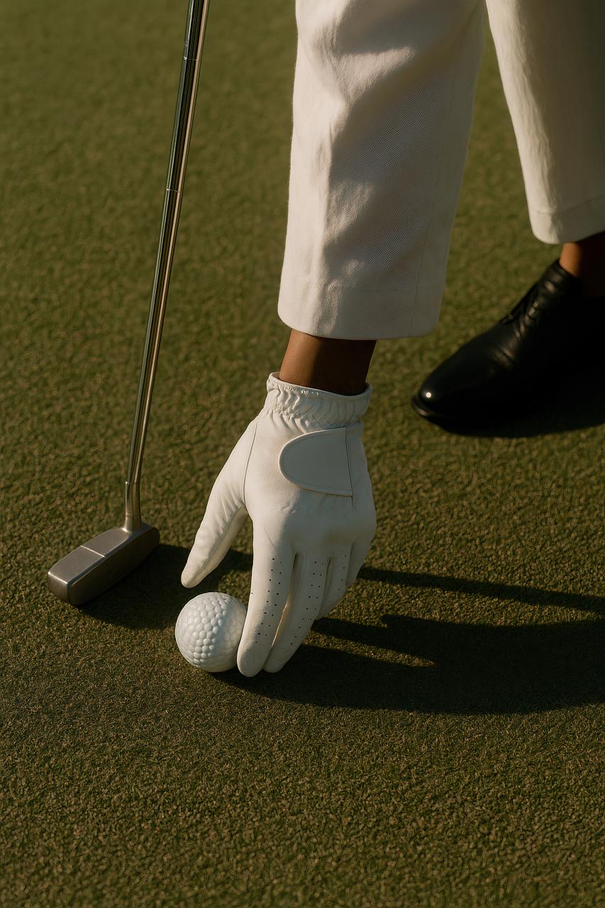 Golfer with putter and golf ball on miniature golf course
