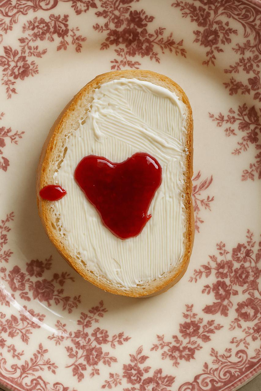 Heart-shaped dessert, sliced bread, ice cream, breakfast table setting