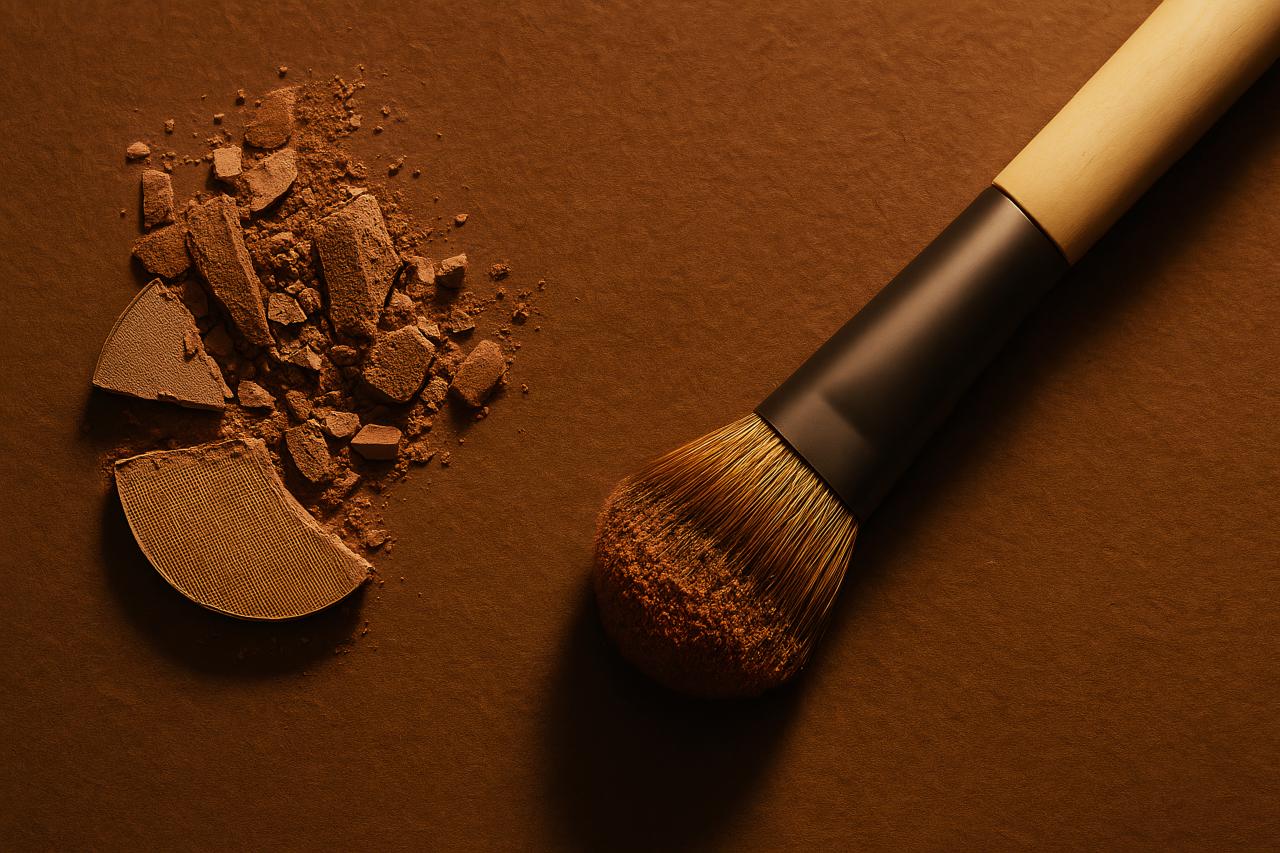 Makeup brushes, brown background, face powder, eye shadow, macro photography