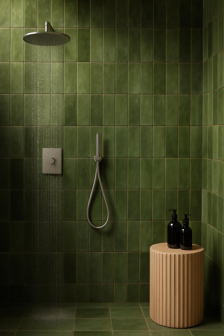 Modern bathroom with ceramic tile, plumbing fixtures, shower head, and toilet