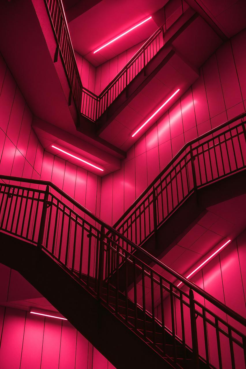 Neon architecture staircase with symmetrical design