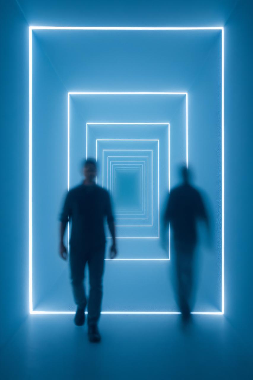 Neon blue lights in symmetrical pattern on clean background