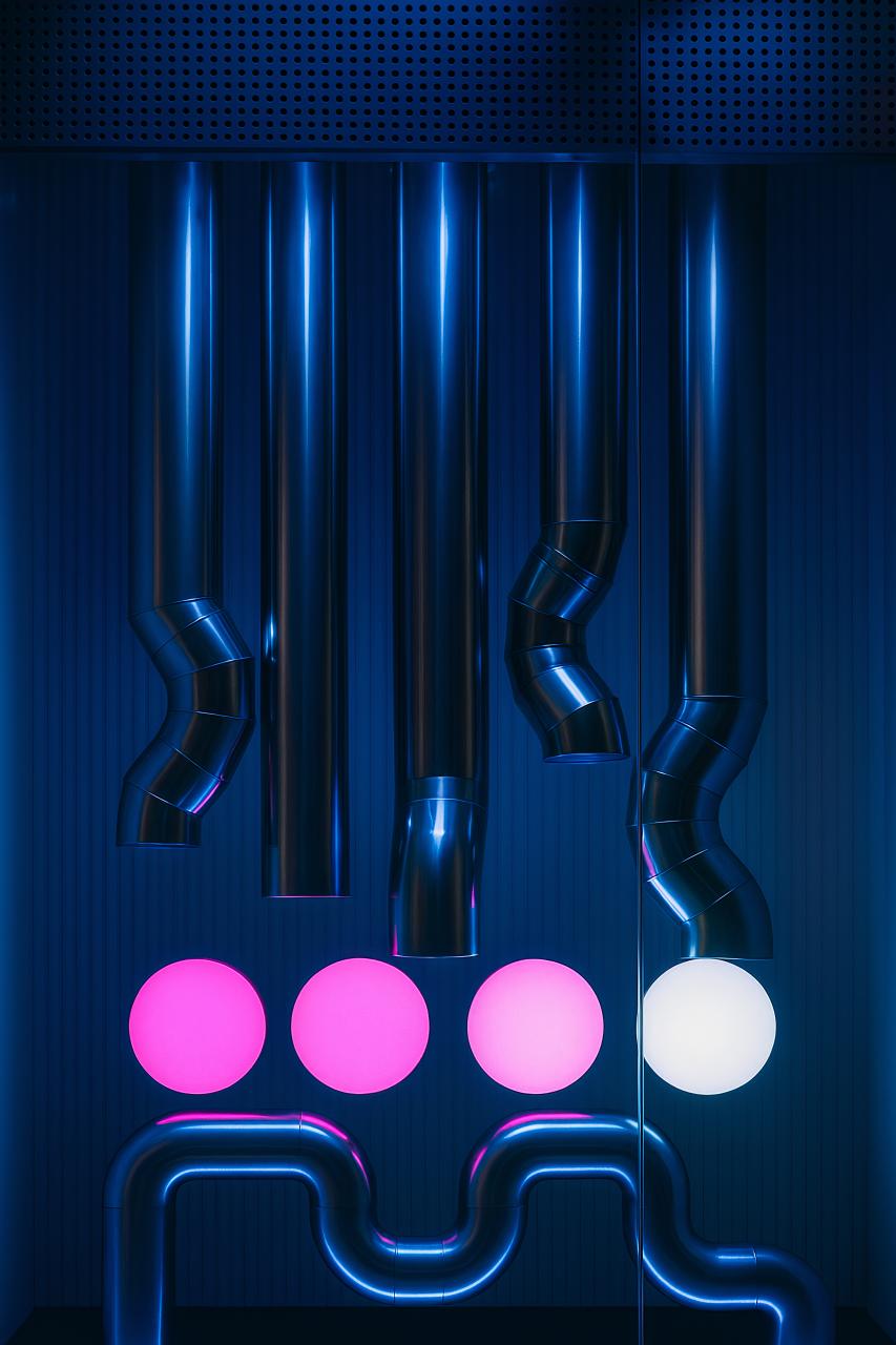 Neon sign with graphic design elements and fluorescent lighting