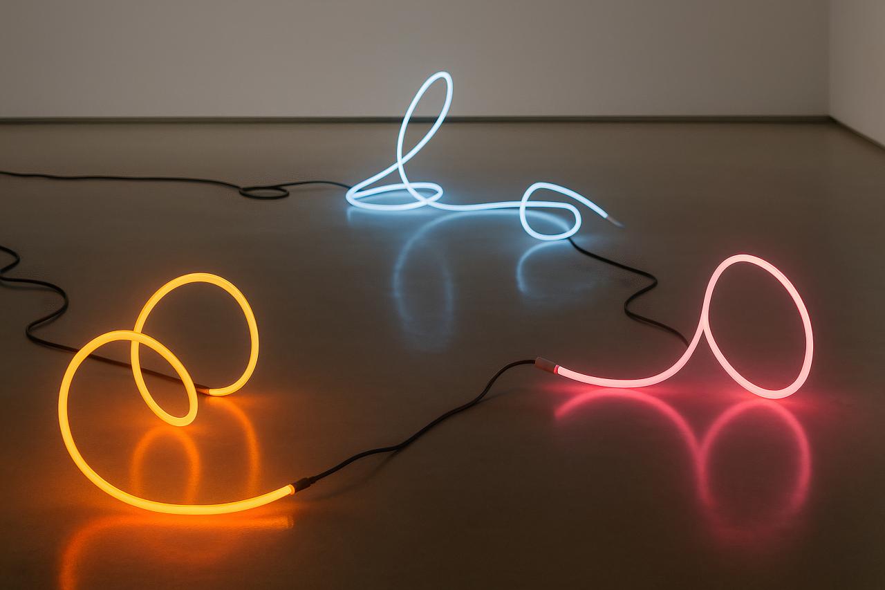 Neon lights glowing red and orange wires at night