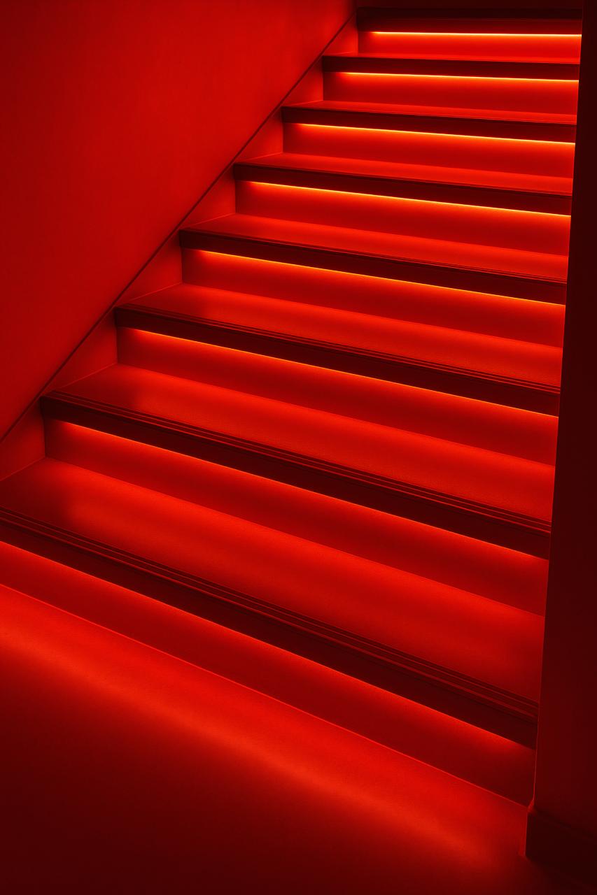 Neon-lit stairs with red and orange handrail in modern architecture