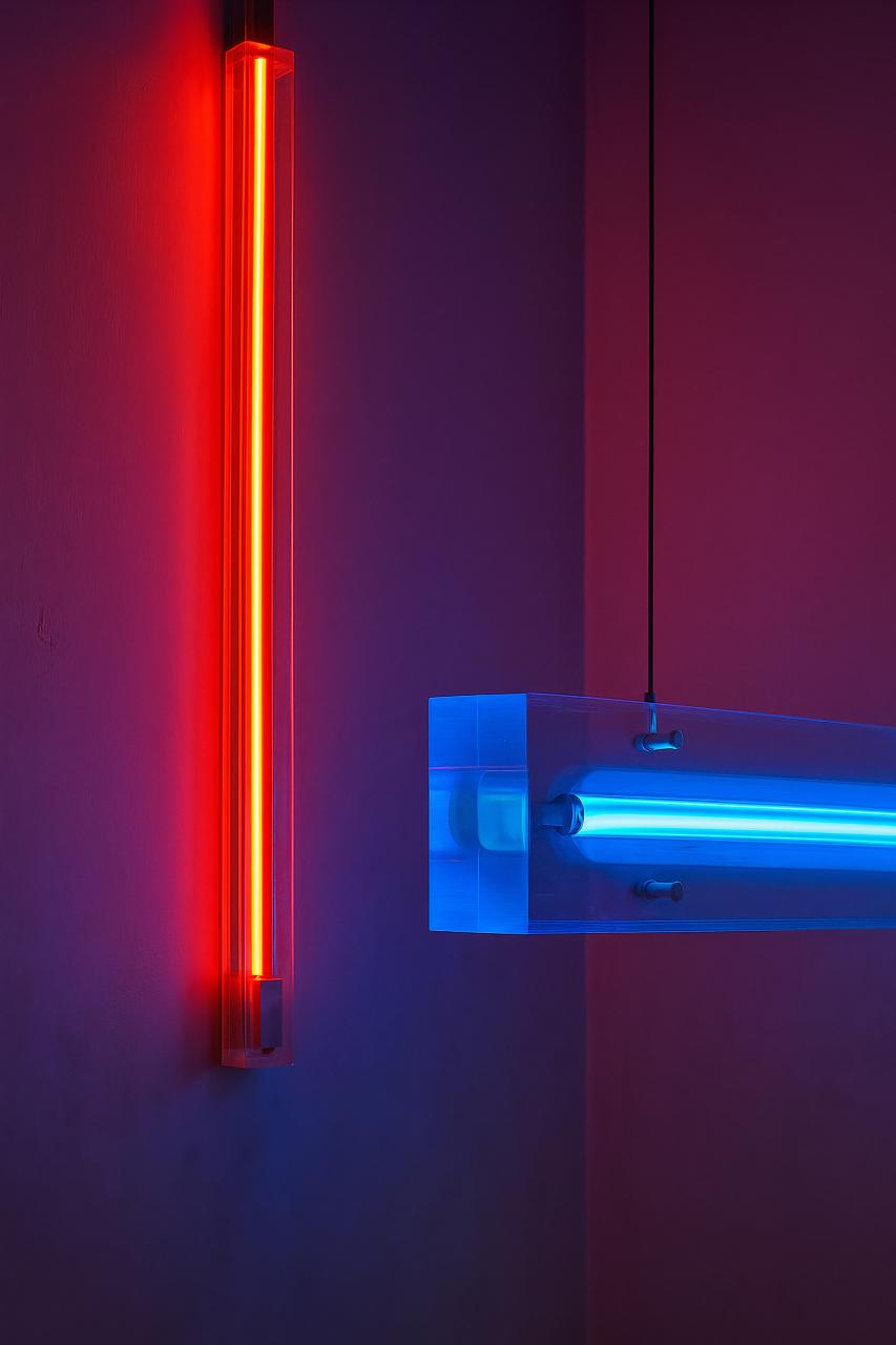 Fluorescent lamp, red and orange neon lights, technology pipes and ceiling fixture
